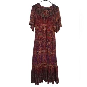 Calessa Golden Sparkly Maroon Ruffle Hem Maxi Dress, M
